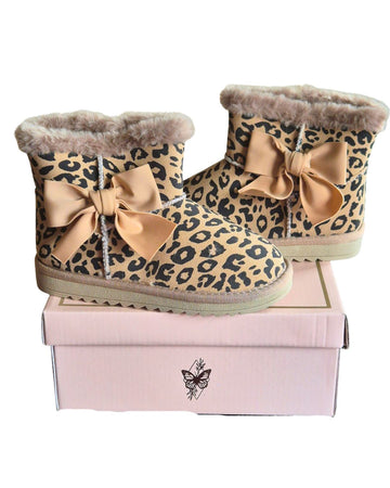 Girls leopard print boots with beige ribbon bow
