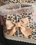 Girls beige leopard print boots with faux fur trim and lining