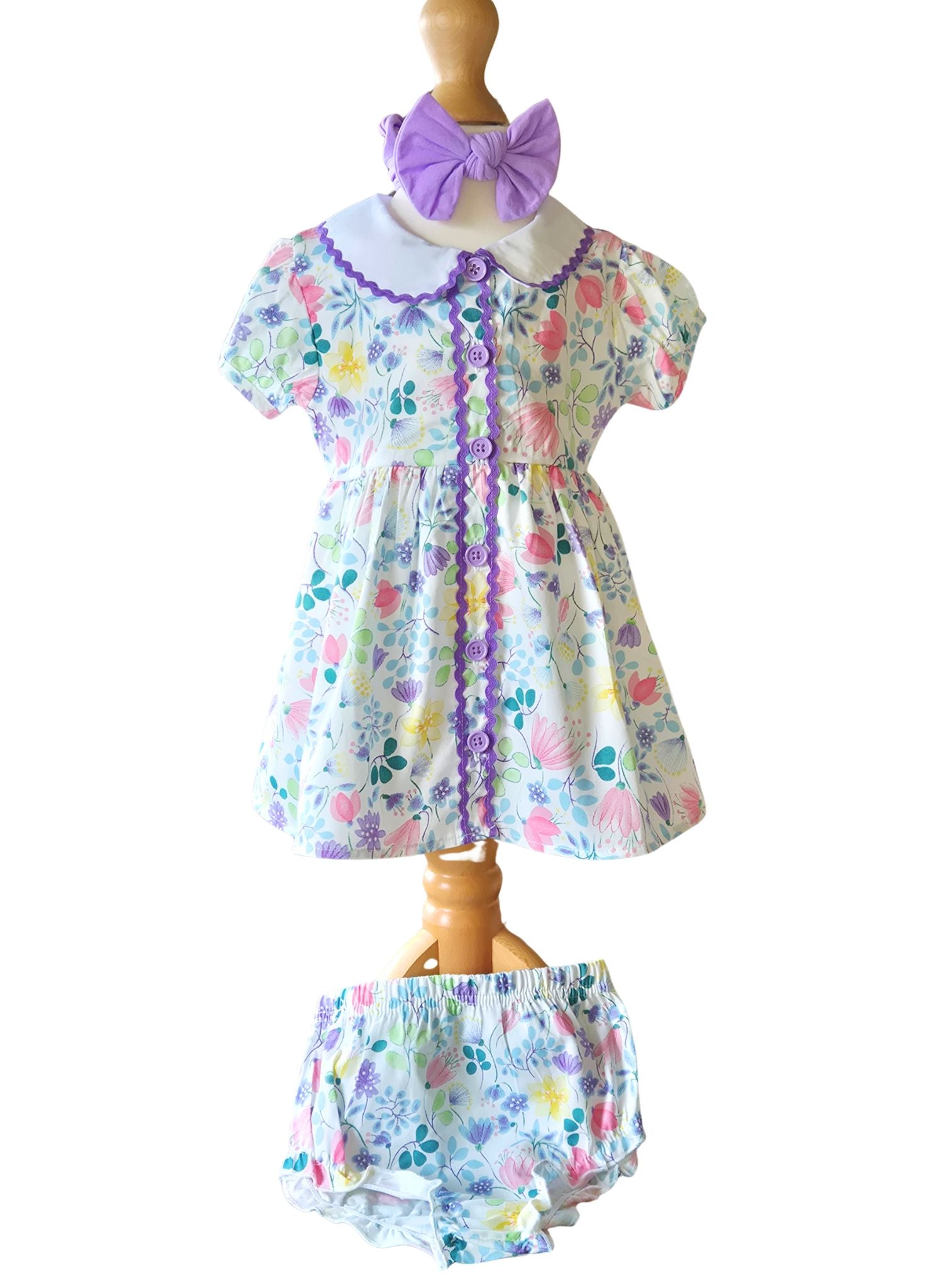 baby girl summer floral dress outfit with lilac accents