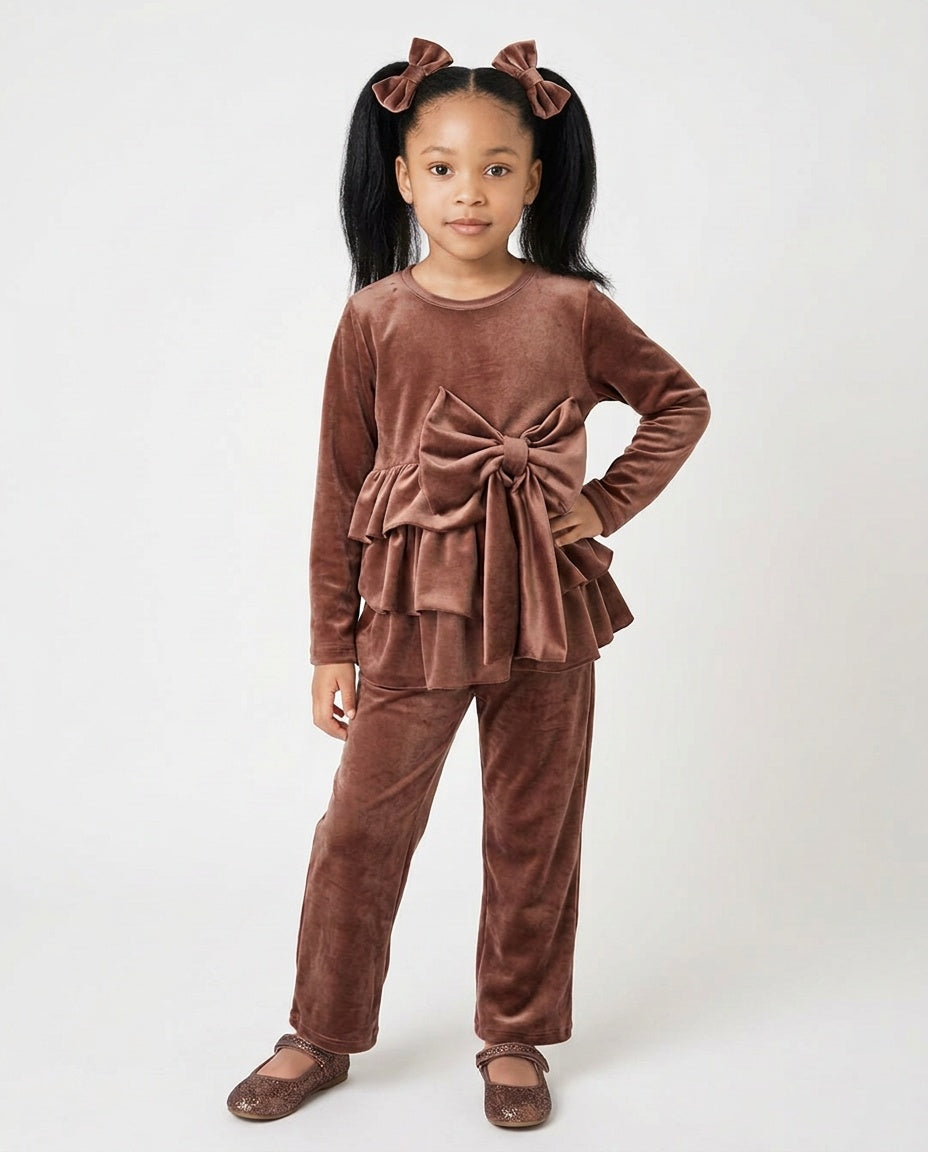Girls’ mocha velour tiered top and matching leggings set