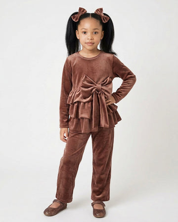 Girls’ mocha velour tiered top and matching leggings set