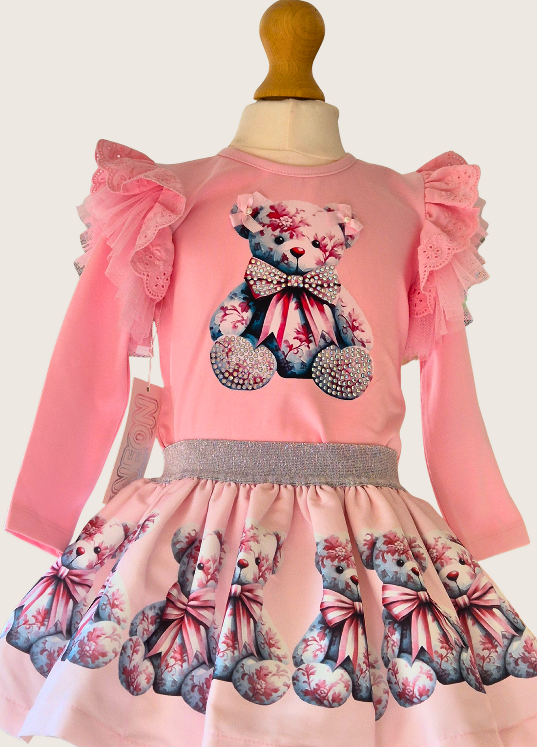 Pink skirt and top set with sparkly teddy design by Neon Kids Wear