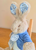 Side view of Peter Rabbits face and ears on a wooden surface.