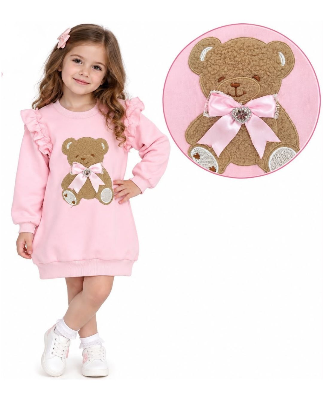 Giorgio Bambini girls pink teddy jumper dress with satin bow and crystal heart