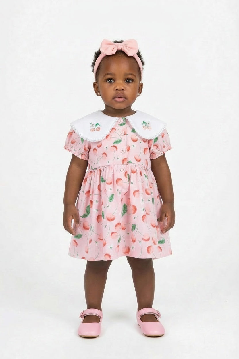 baby girls pink cherry dress with headband and knickers