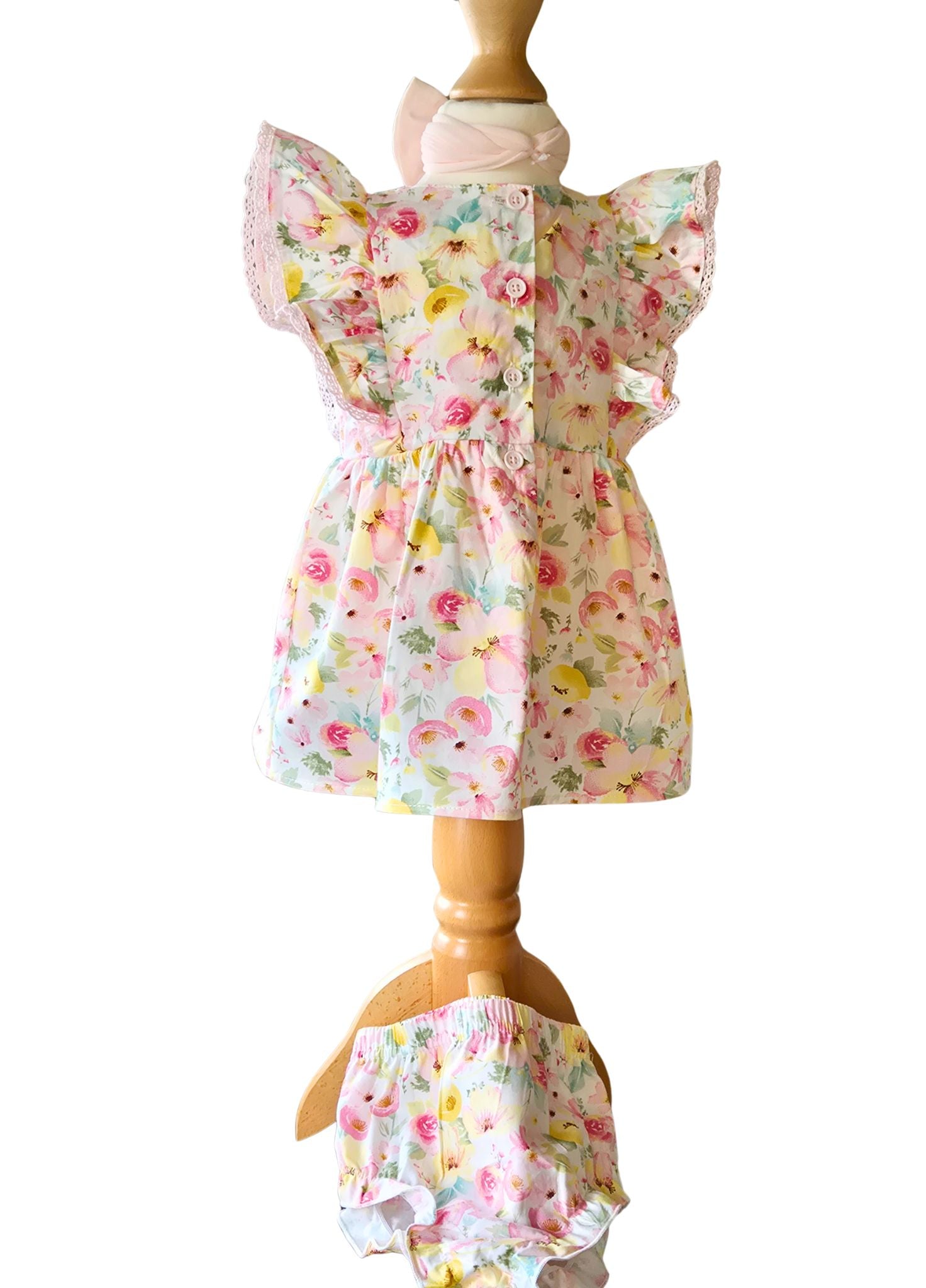 toddler girls pastel pink floral dress with headband and knickers