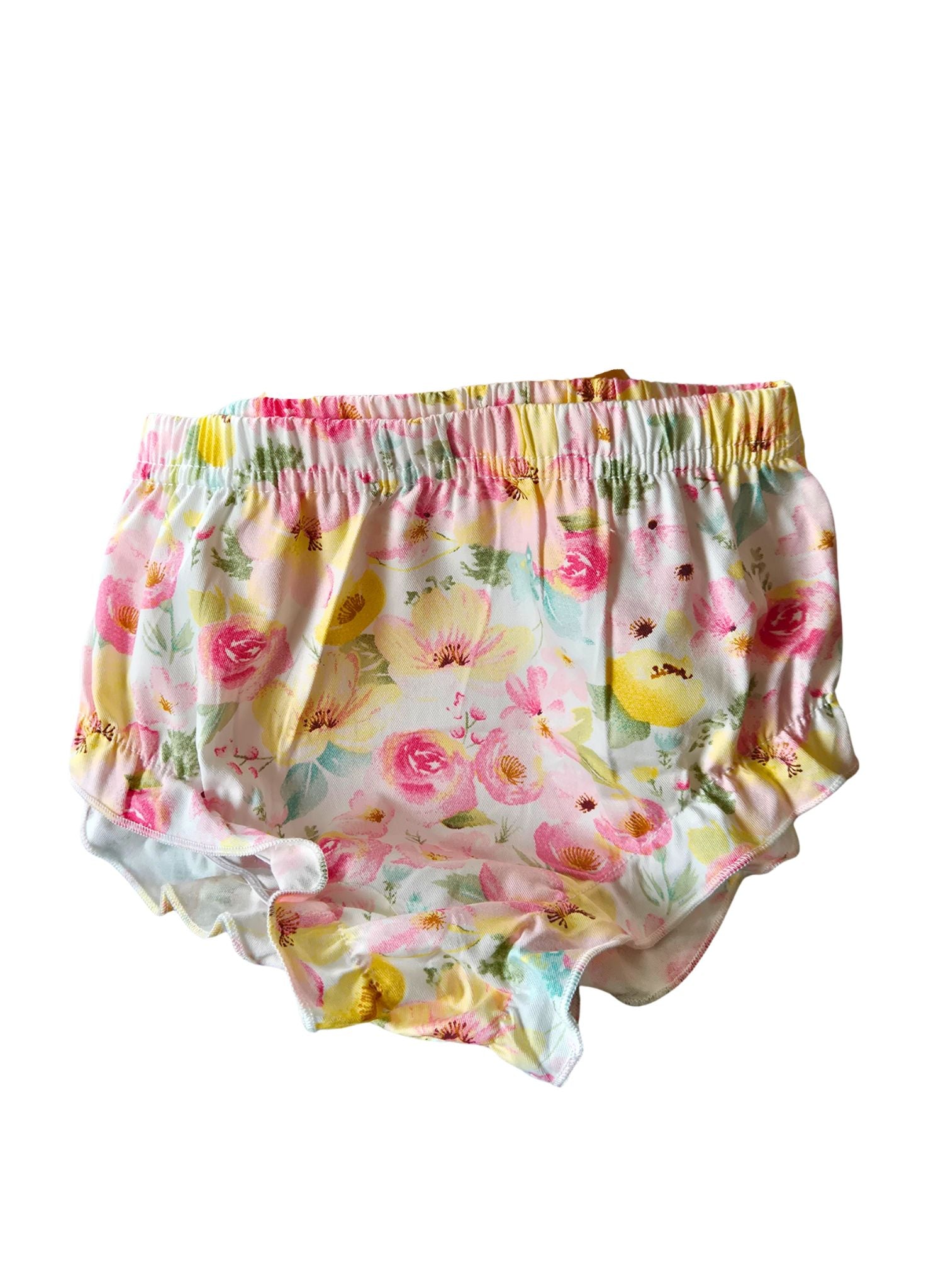 Matching floral knickers that go with the baby girls pastel pink floral dress and headband 