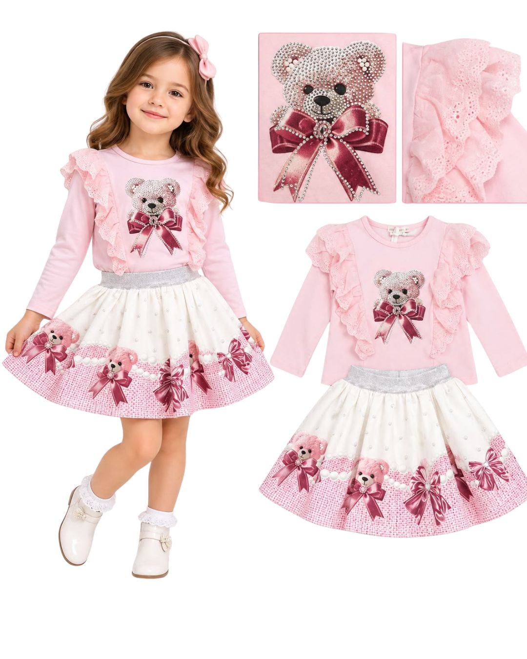 Giorgio Bambini girls pink sparkle teddy top and cream skirt set with pink bows
