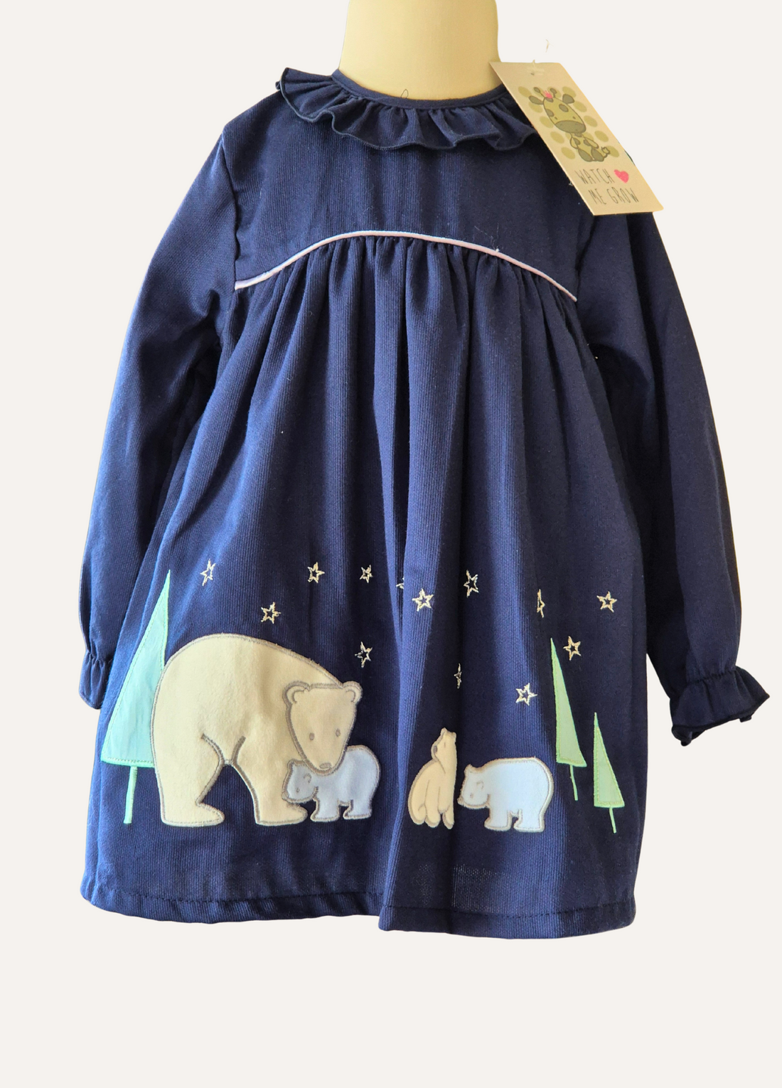 Girls’ Navy Needlecord Polar Bear Appliqué Dress - Watch Me Grow
