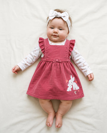 Baby girls’ raspberry needle cord rabbit pinafore three-piece set