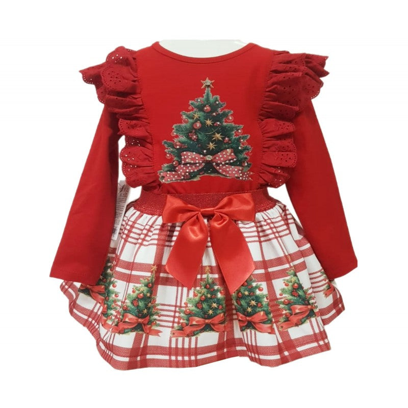 Red frilled long sleeved top with a large christmas tree and a red and white skirt with christmas trees around it.