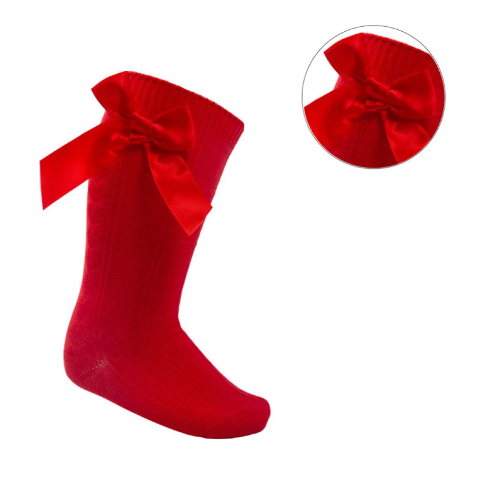 Red knee high sock with heart design and satin bow