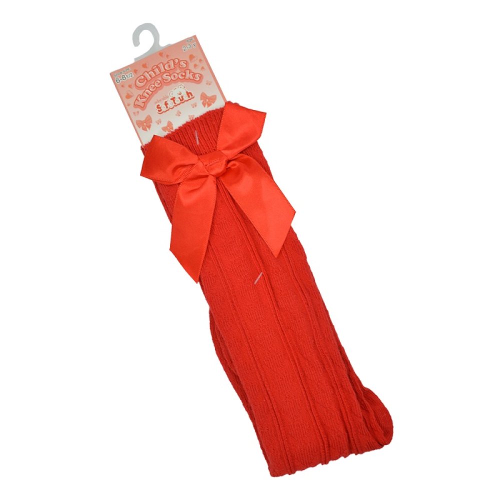 Red knee high sock with heart design and satin bow