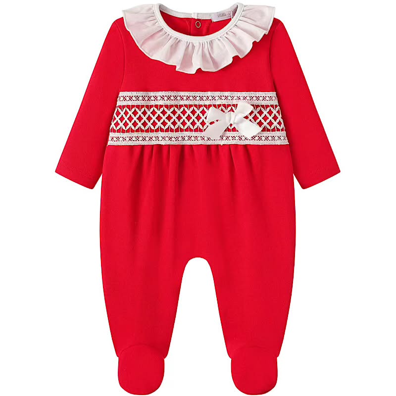 Red baby sleepsuit with lace panel