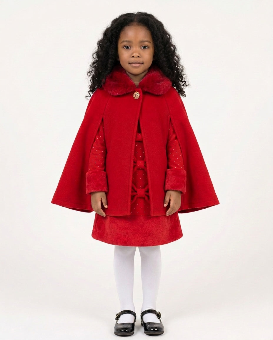Girls’ red Christmas cape with faux fur collar