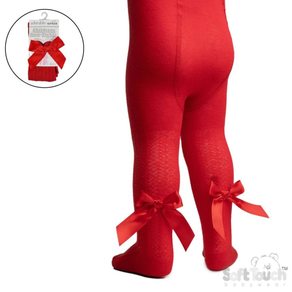Red tights with chevron pattern and bows on a white background