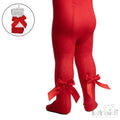 Red tights with chevron pattern and bows on a white background