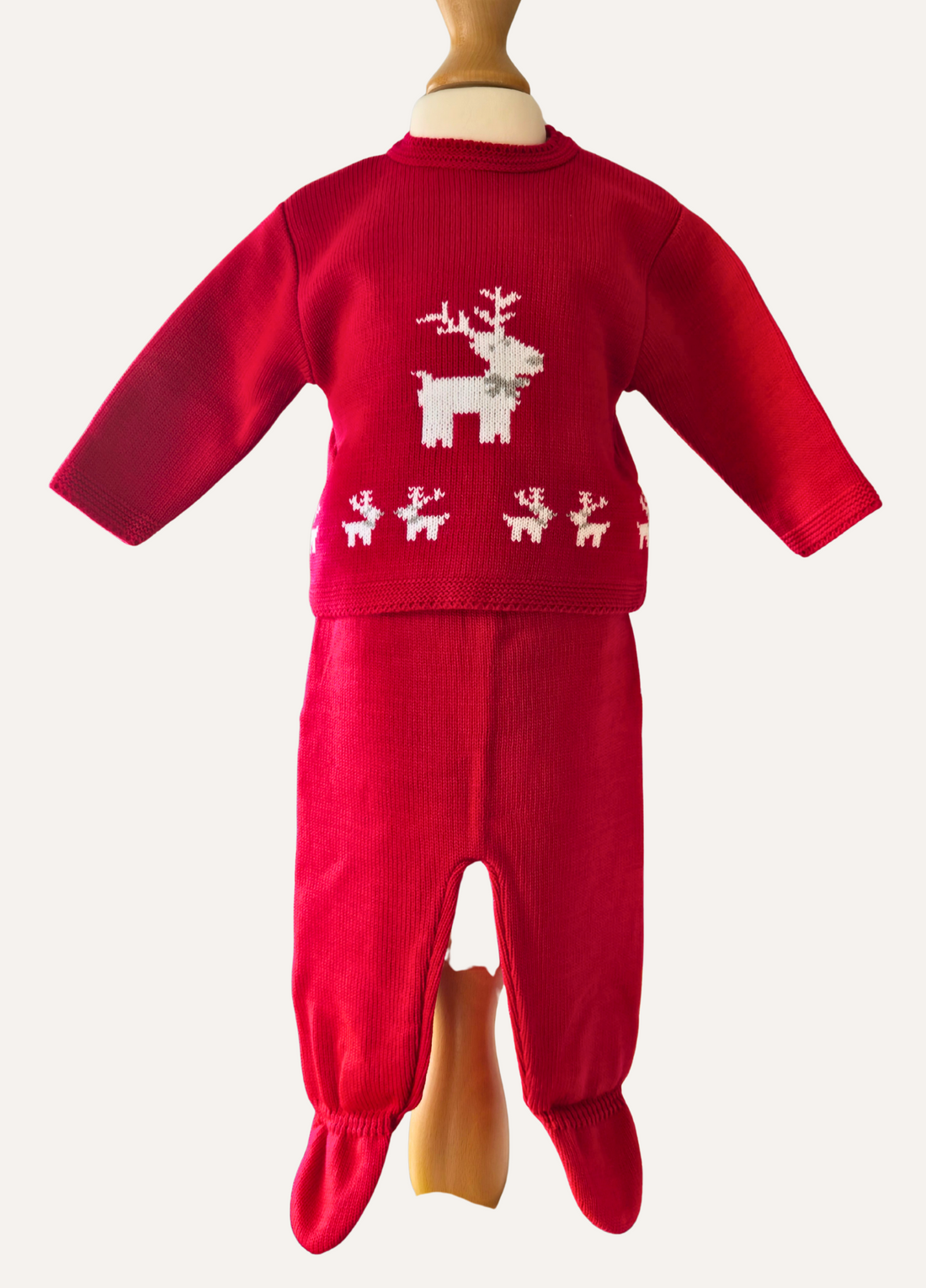 Knitted unisex baby red outfit with white reindeer design from Dandelion