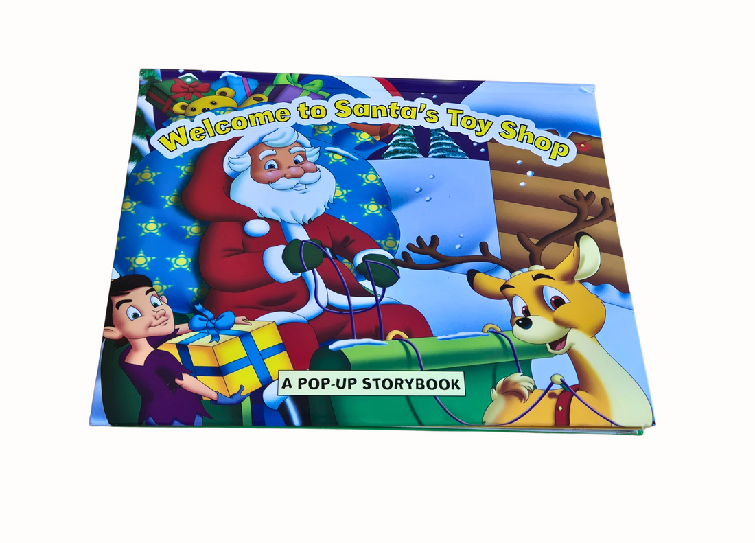 Pop-up storybook cover featuring Santa Claus, a reindeer, and a child with a gift, set against a snowy background.