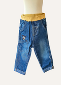 Boys blue jeans with a mustard elasticated waistband part of a 2 piece set
