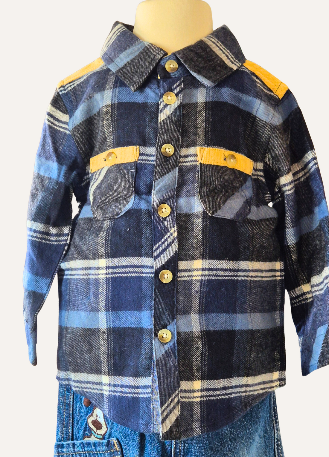 Boys 2 piece set with jeans and a blue and mustard checked shirt