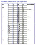 Children's shoe and slippers size equivalents chart with various measurements.