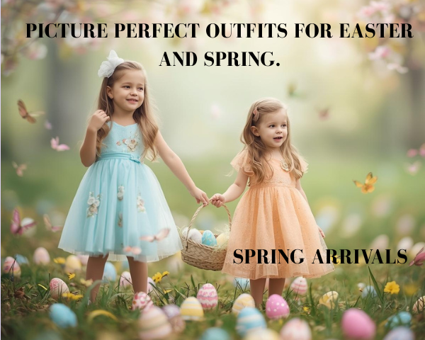 two young girls in pretty dresses carrying a wicker basket filled with pastel easter eggs, in an outside setting