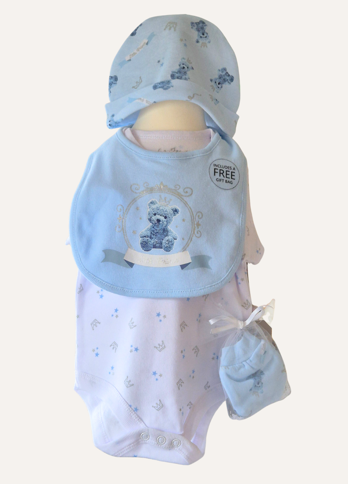 Baby Boys Teddy Prince vest, hat, mittens and bib from the 5 piece layette set by Rock A Bye Baby
