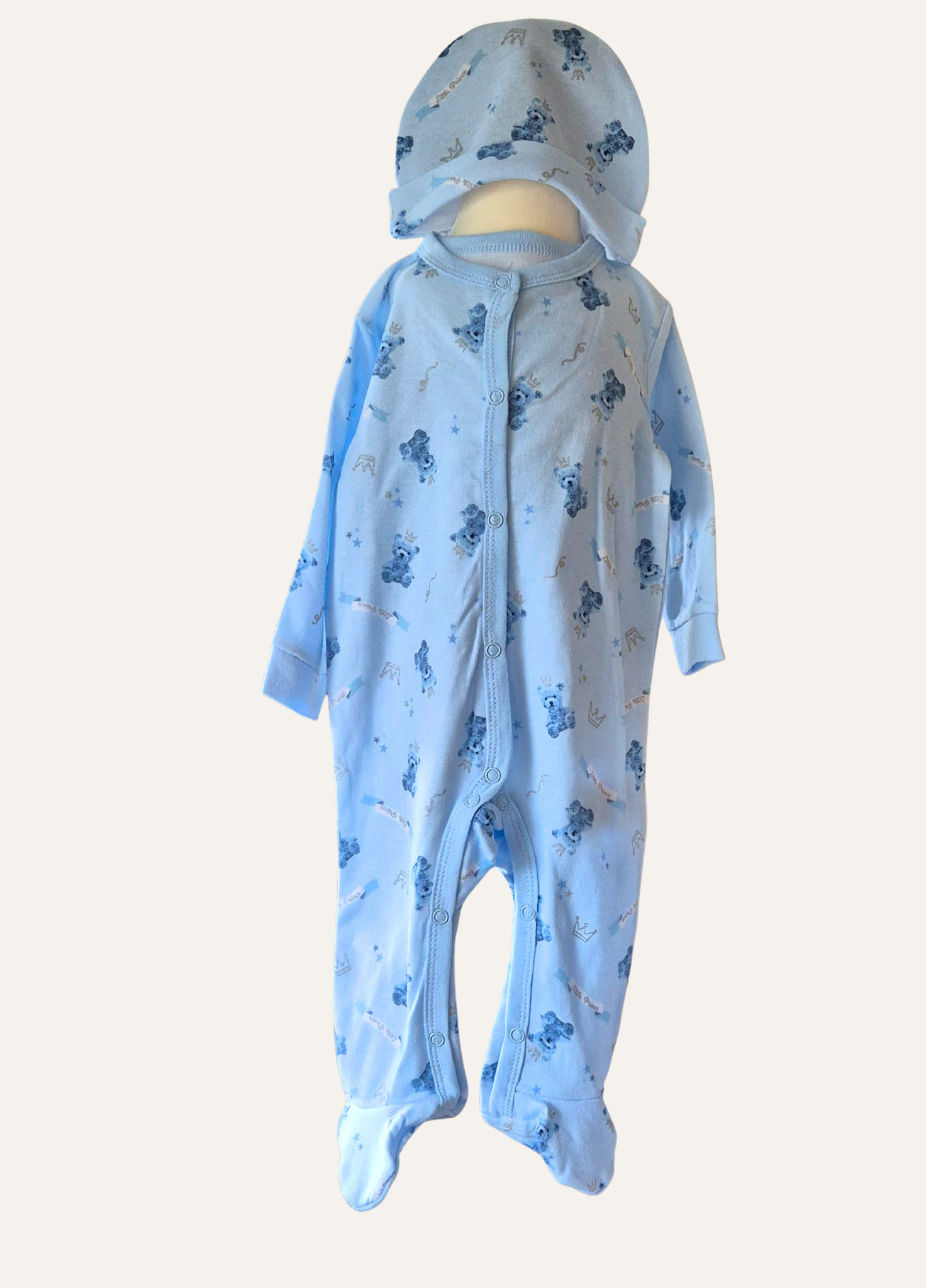 Baby boys blue teddy prince romper and hat part of the 5 piece set from Rock A Bye Baby