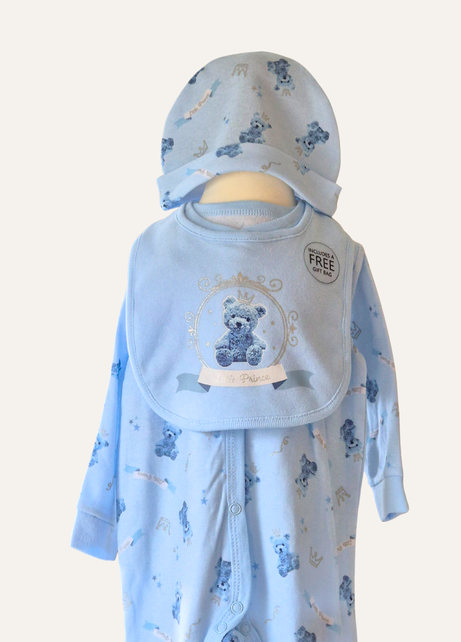 Baby boys blue teddy prince romper, hat and bib part of the 5 piece set from Rock A Bye Baby