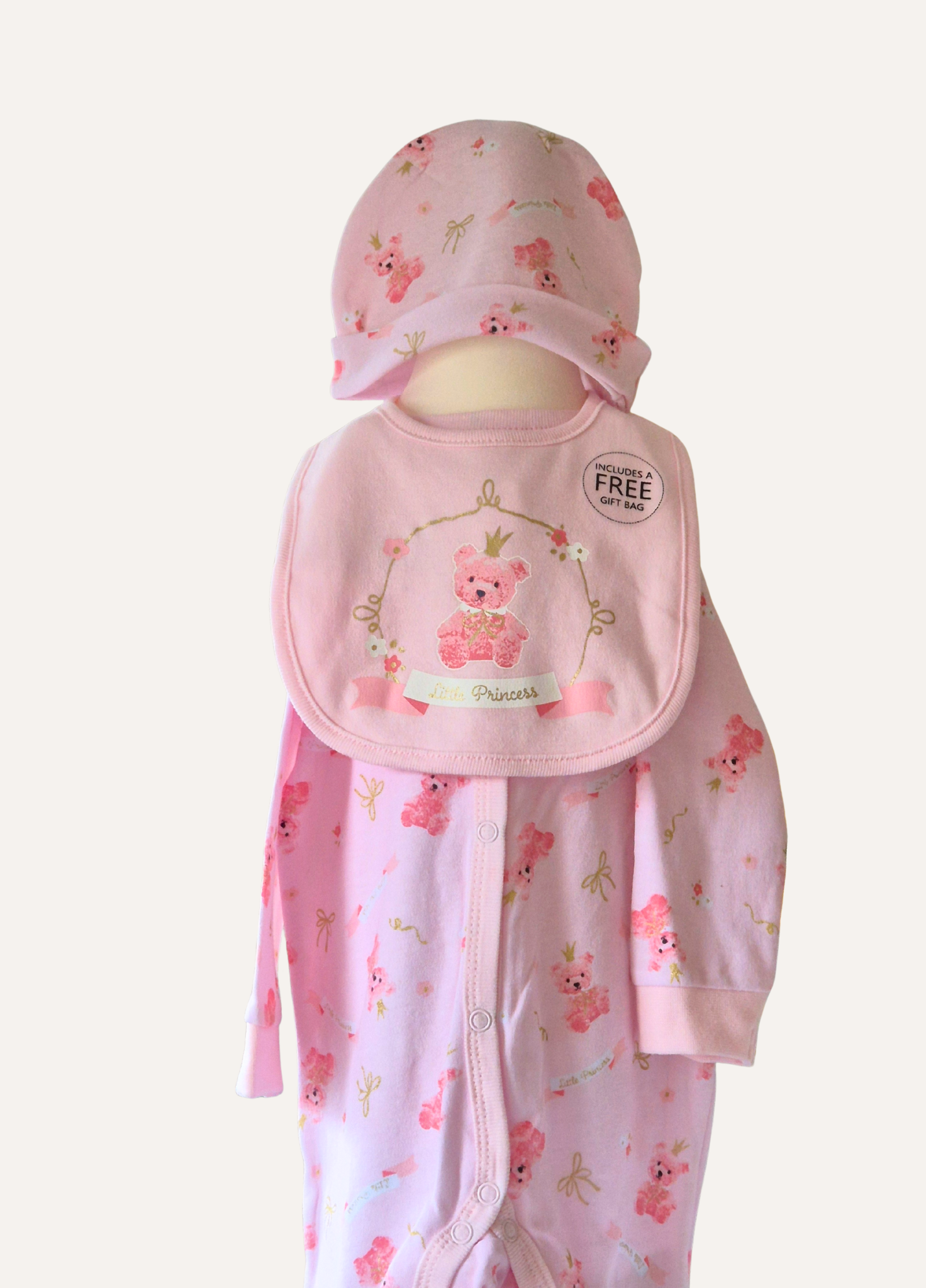 Pink baby girls teddy princess romper, hat and bib part of the 5 piece set from Rock A Bye Baby