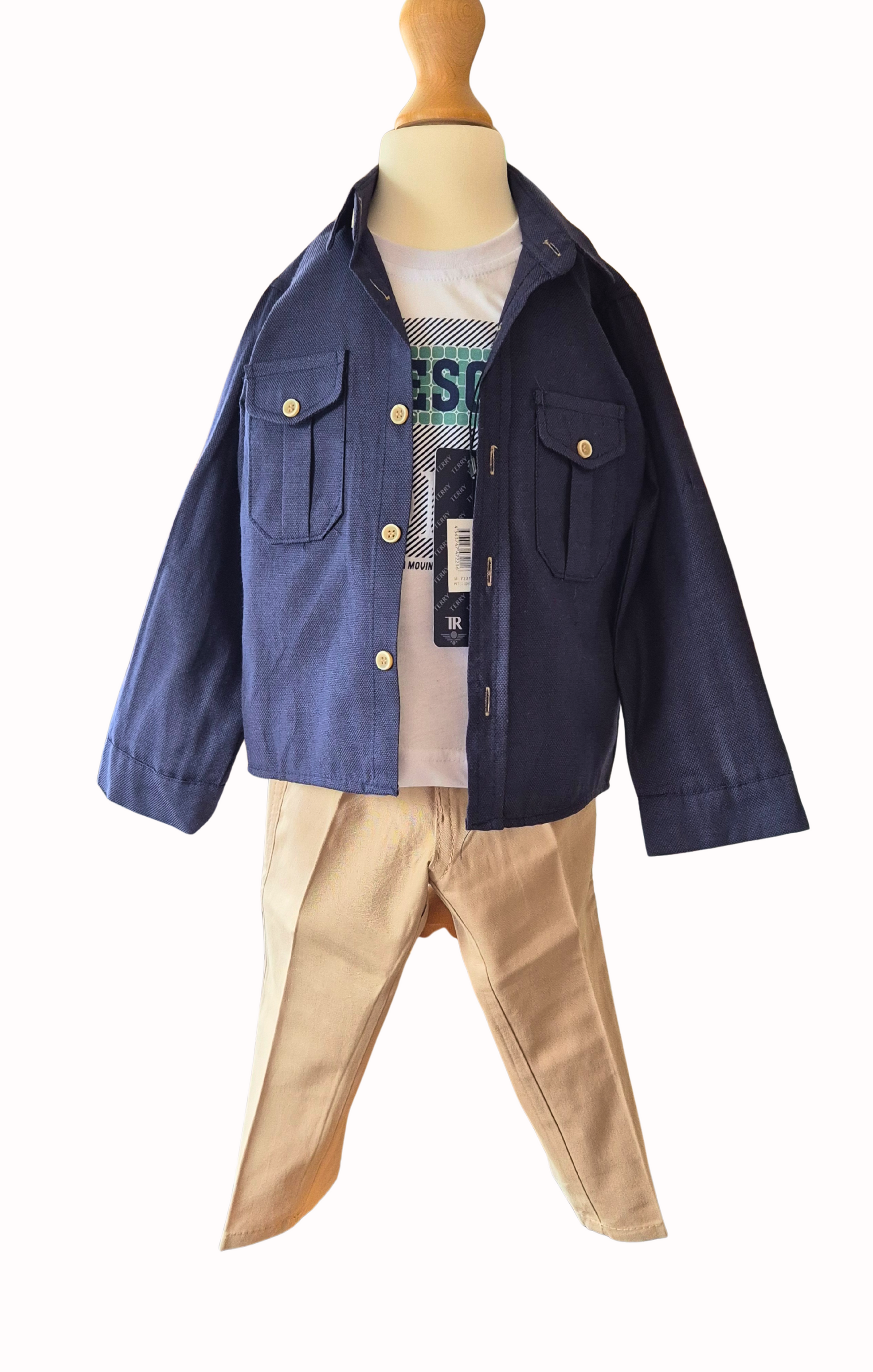Children's outfit with navy shirtt, beige pants, and white t shirt on a mannequin against a white background