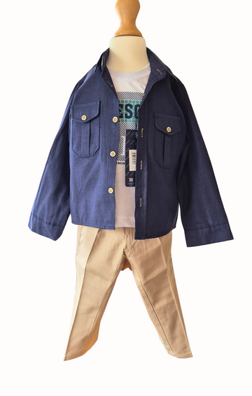 Children's outfit with navy shirtt, beige pants, and white t shirt on a mannequin against a white background