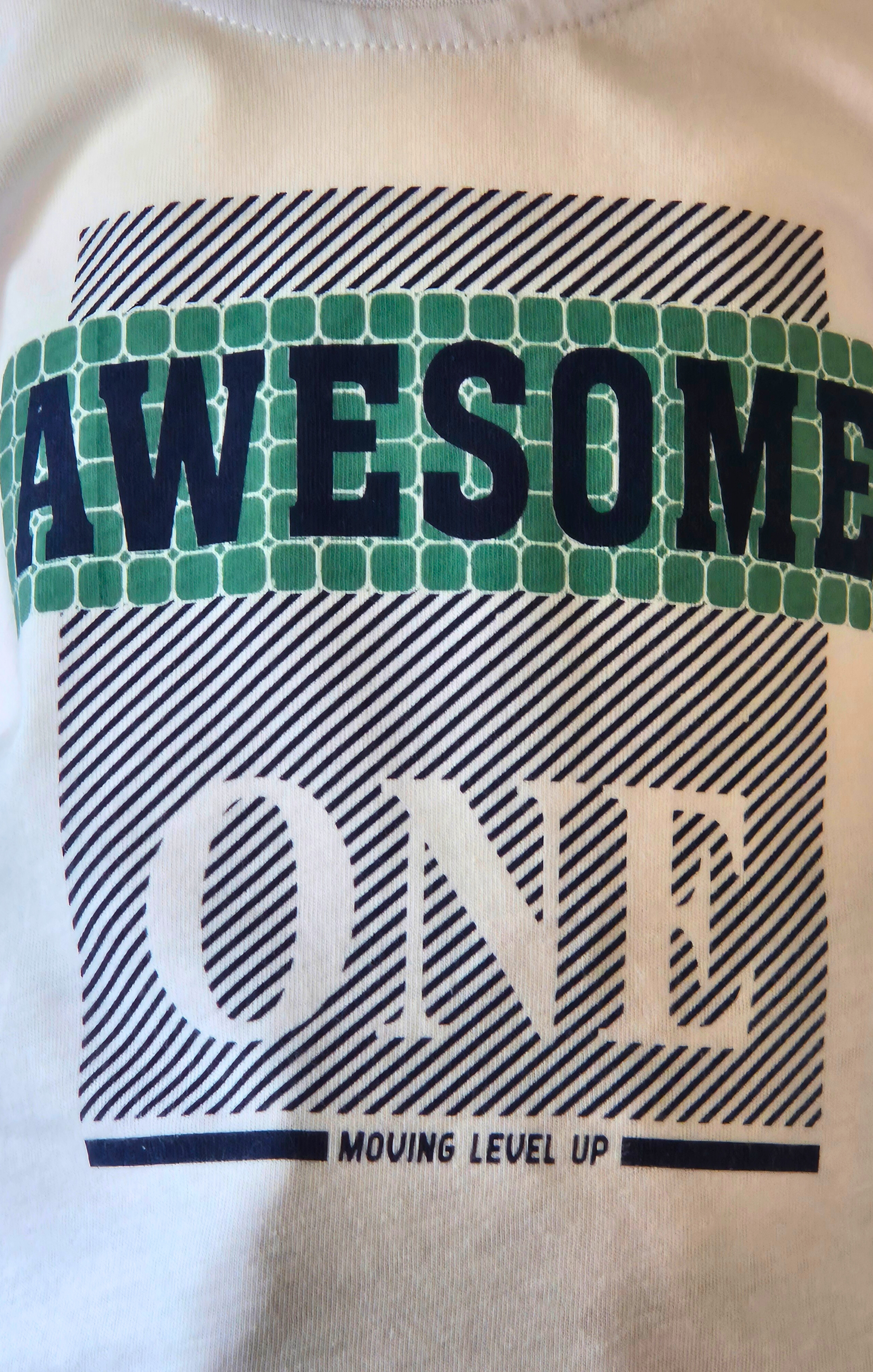 Text 'AWESOME ONE MOVING LEVEL UP' on a white background