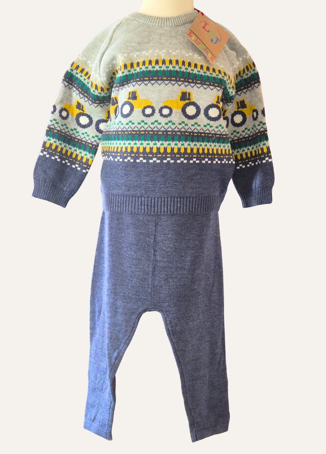 Boys 2 piece knitted set from Lily & Jack featuring tractors