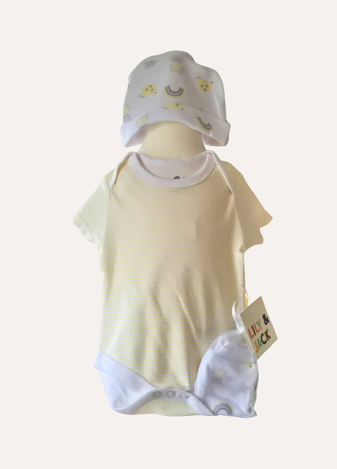 Unisex baby 5 piece layette set with romper, vest, hat, mittens, bib and free gift bag by Lilly & Jack