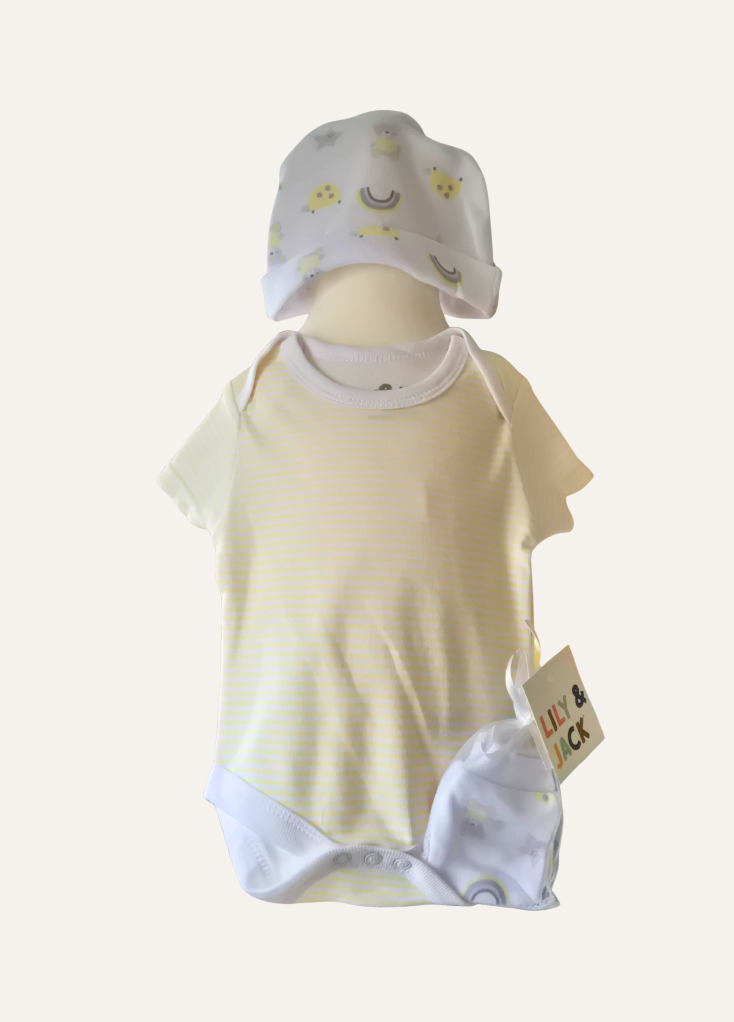 Babys hat, mittens and lemon vest part of the 5 piece layette set from Lily & Jack