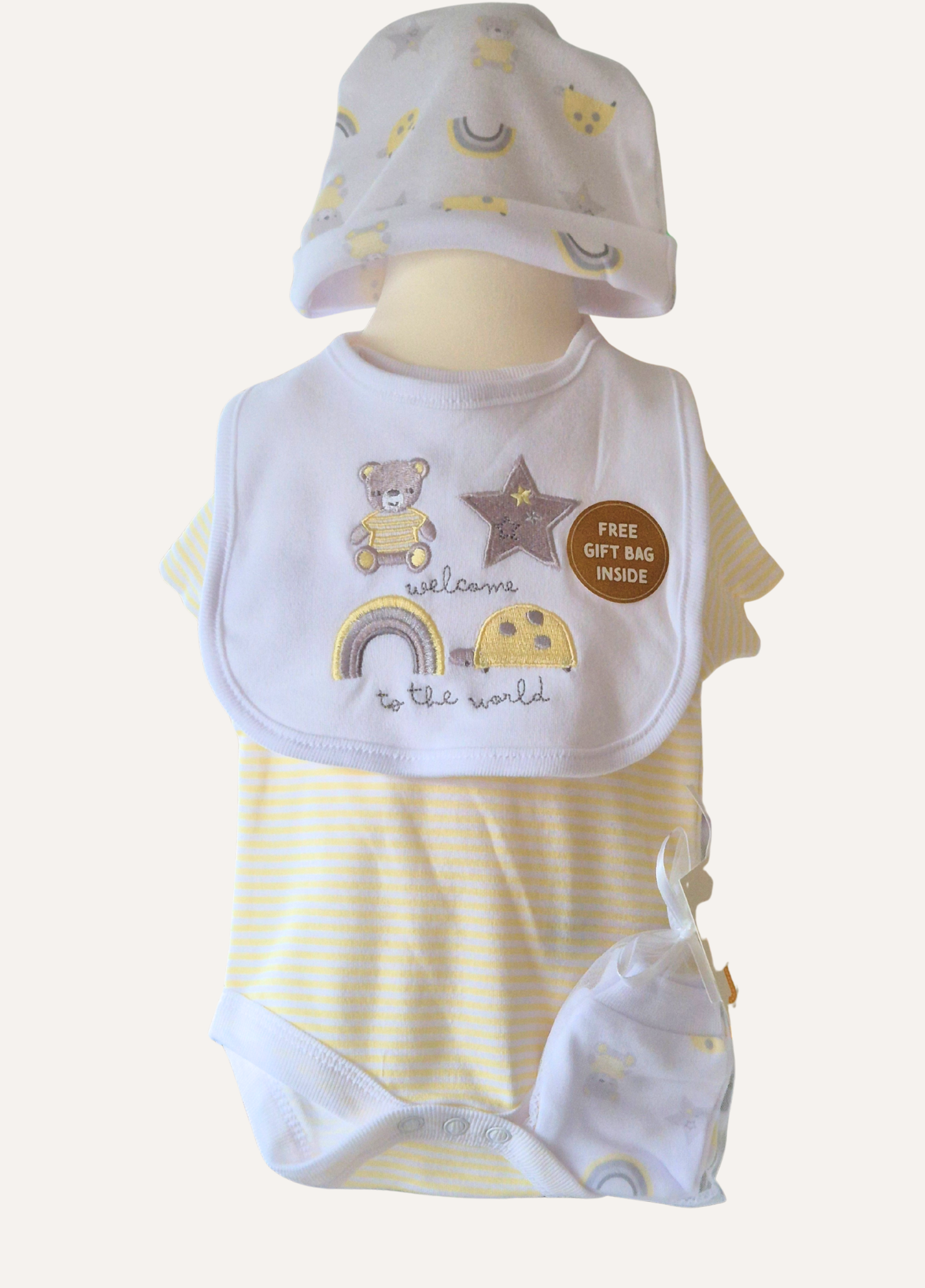 Unisex babys hat, mittens lemon vest and bib set part of 5 piece layette from Lily & Jack