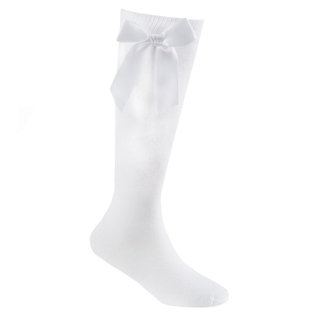 White knee-high sock with a bow on a white background