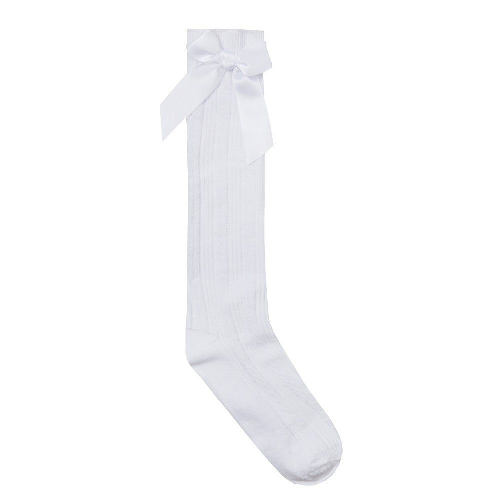 White cable knee-high sock with a bow on a white background