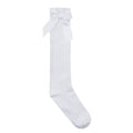 White cable knee-high sock with a bow on a white background