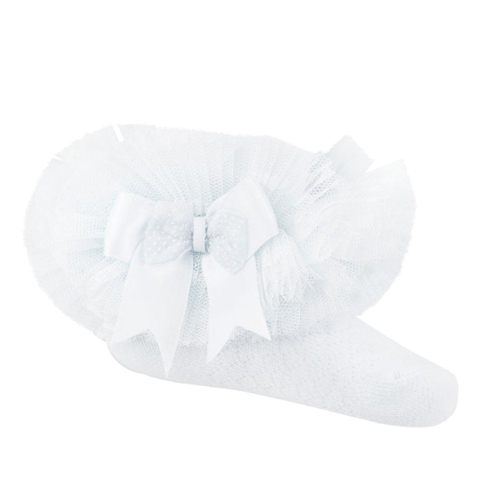 White tutu frill infant socks with a bow on a white background