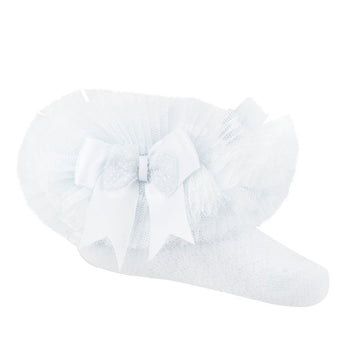 White tutu frill infant socks with a bow on a white background