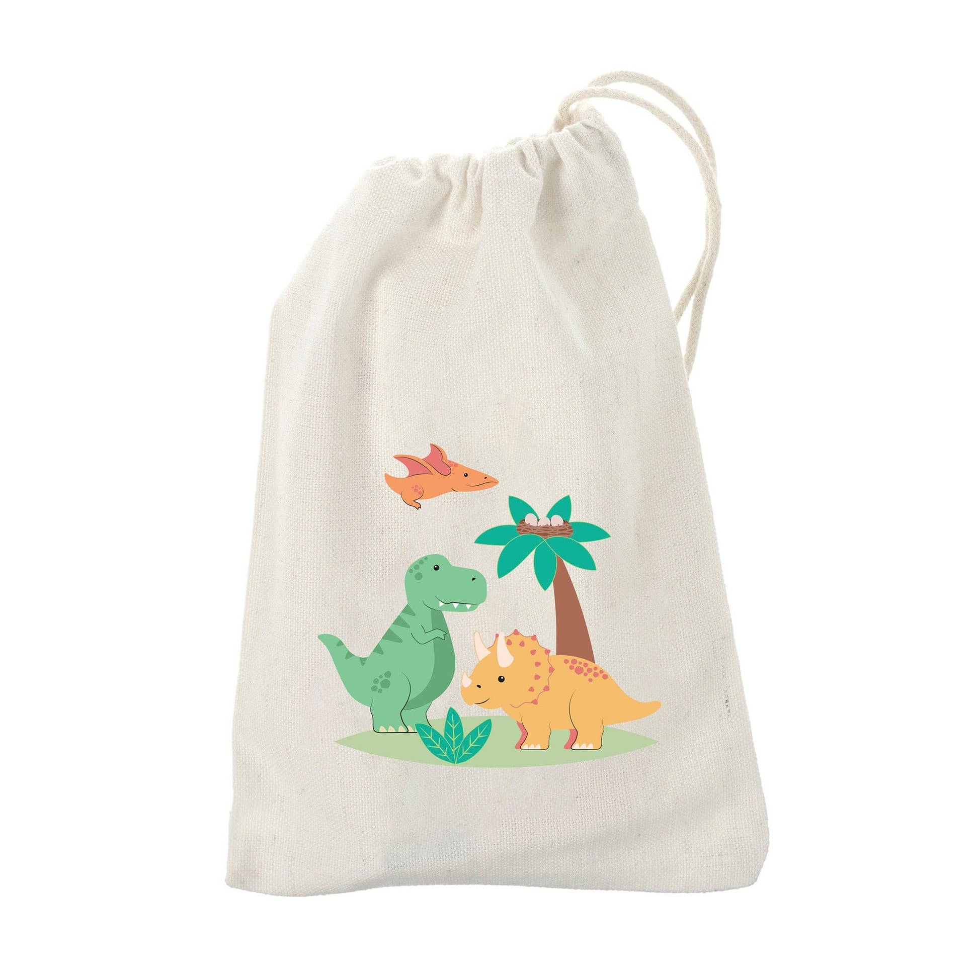 Drawstring bag with dinosaur illustrations on a white background