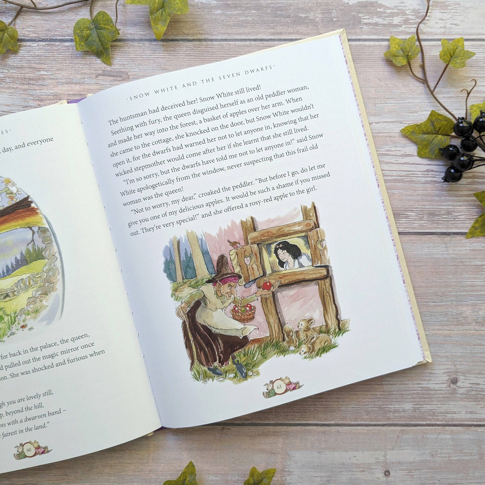 Open book with illustrated pages on a wooden surface