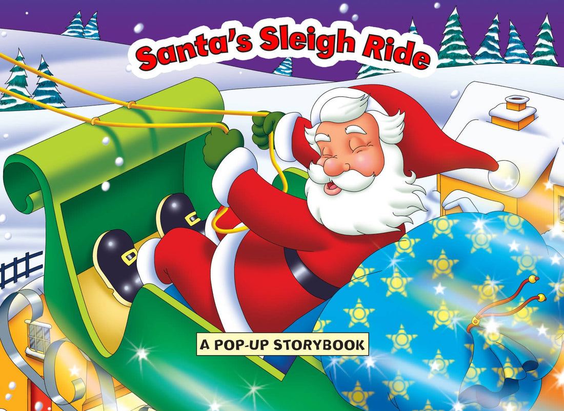 Pop-up storybook cover featuring Santa Claus in a sleigh with a snowy landscape.