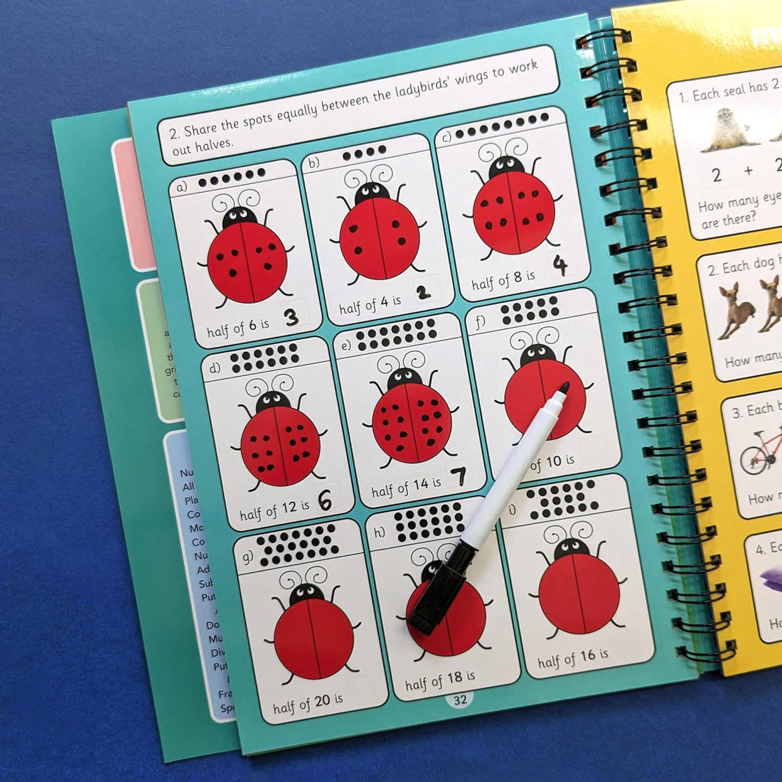 Educational book for numbers practice with ladybug and apple illustrations on a blue background.