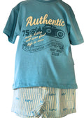 Petrpl blue t-shirt with vintage graphic and striped shorts on a white background