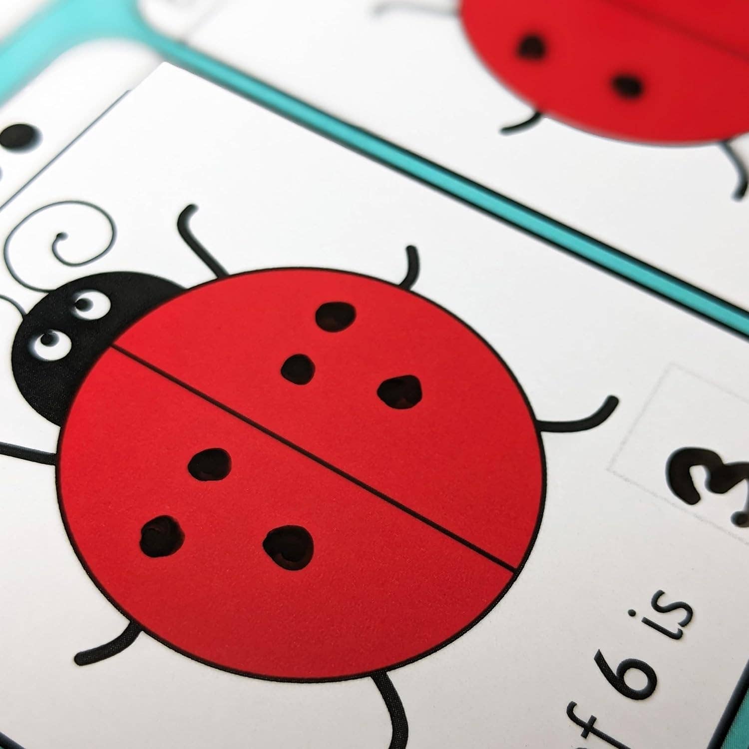 Red ladybird illustration on educational material with numbers and letters.