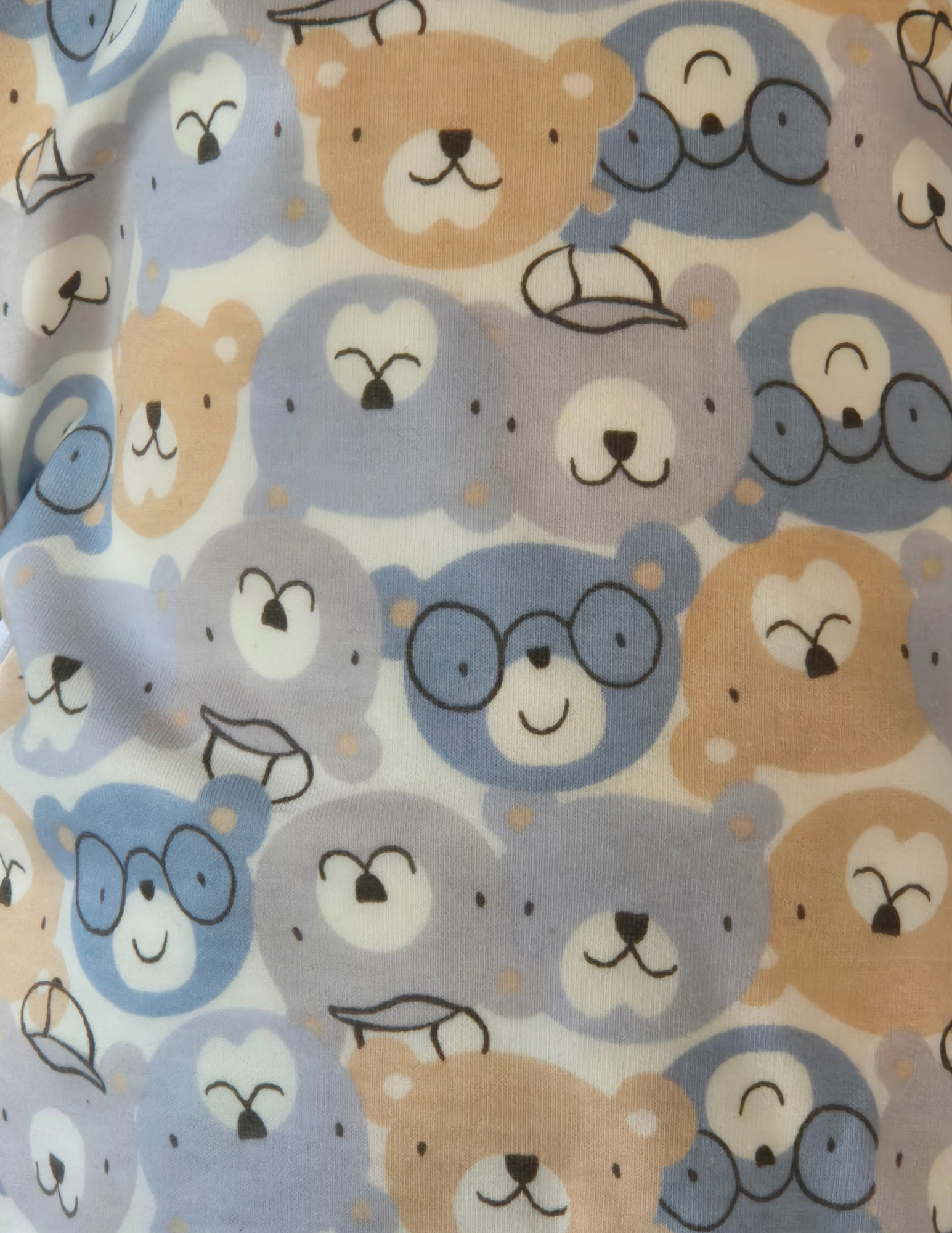 close up of the material so that you can see the detail of the bears faces some with glasses others with hats